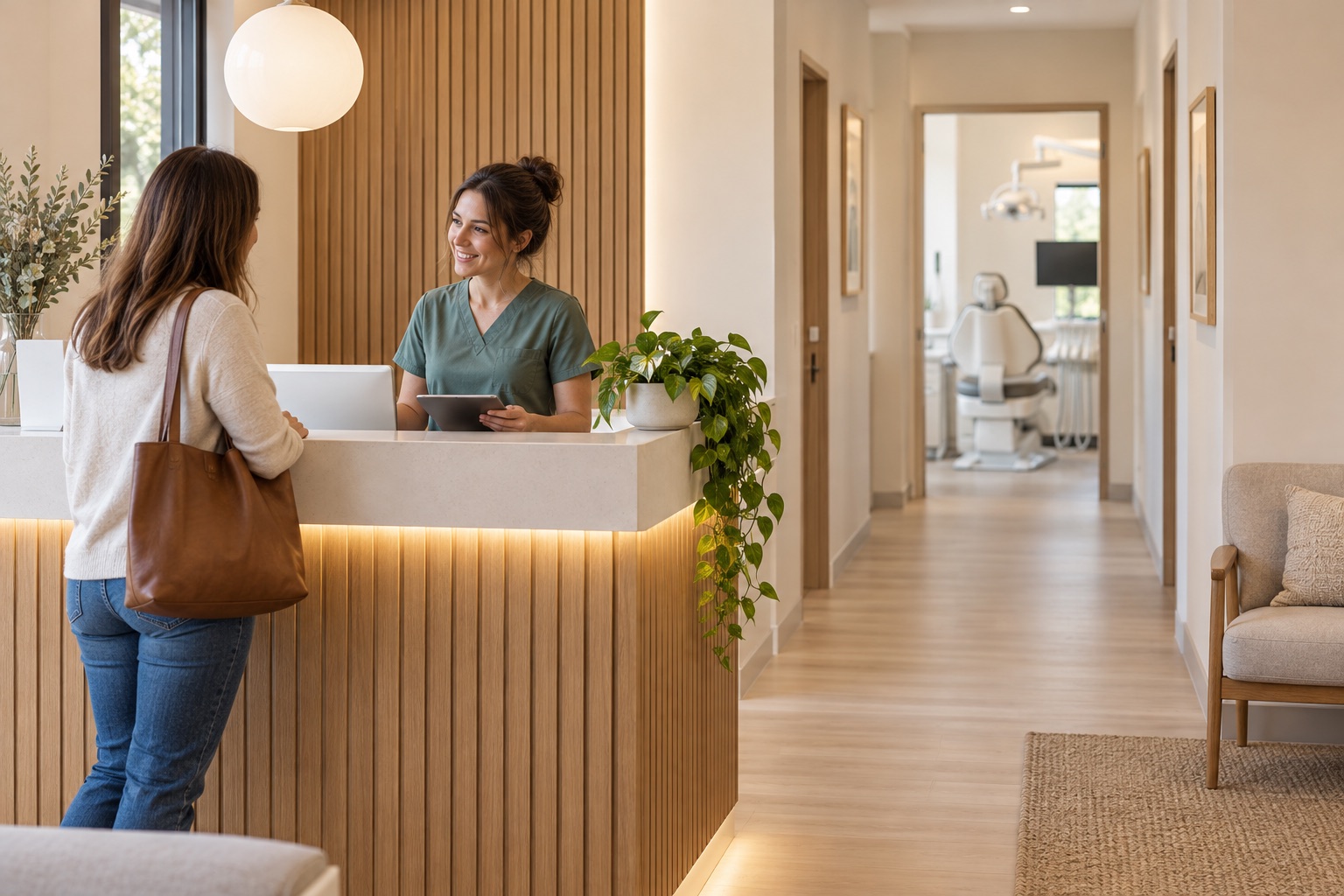 A receptionist welcoming a patient at a calm dental practice