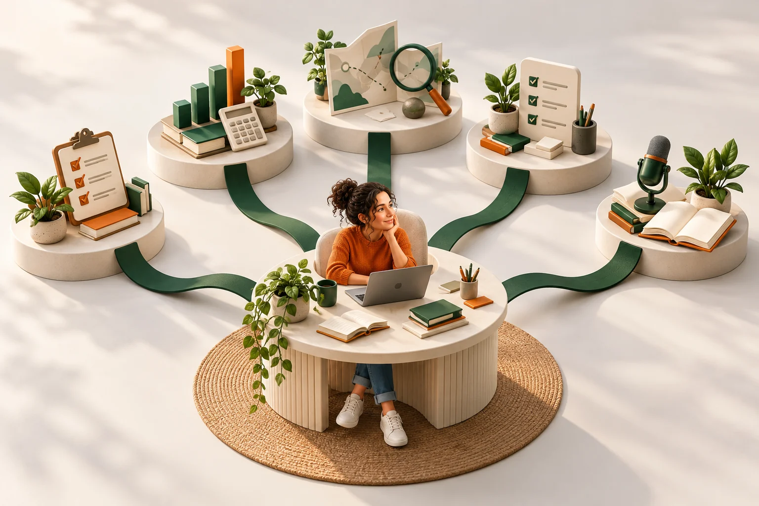 A miniature business owner at the center of five connected workstations for planning, finance, opportunities, operations and content