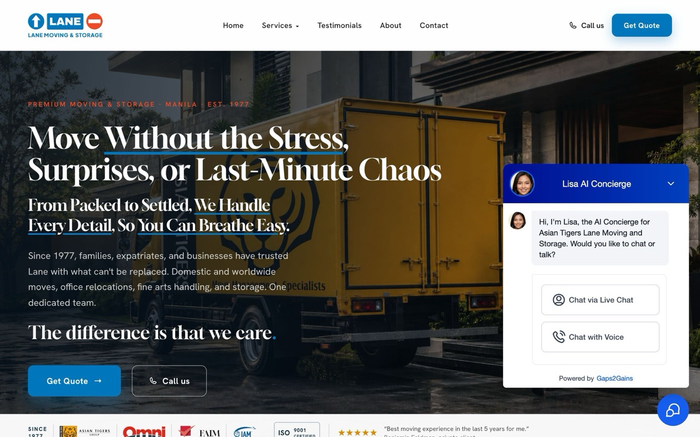 The Lane Moving website with its Lisa assistant
