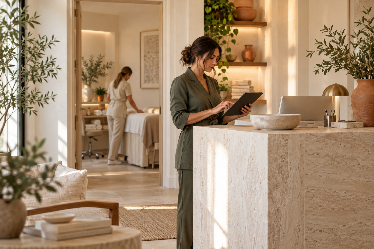An aesthetics clinic owner reviewing the day’s work at reception