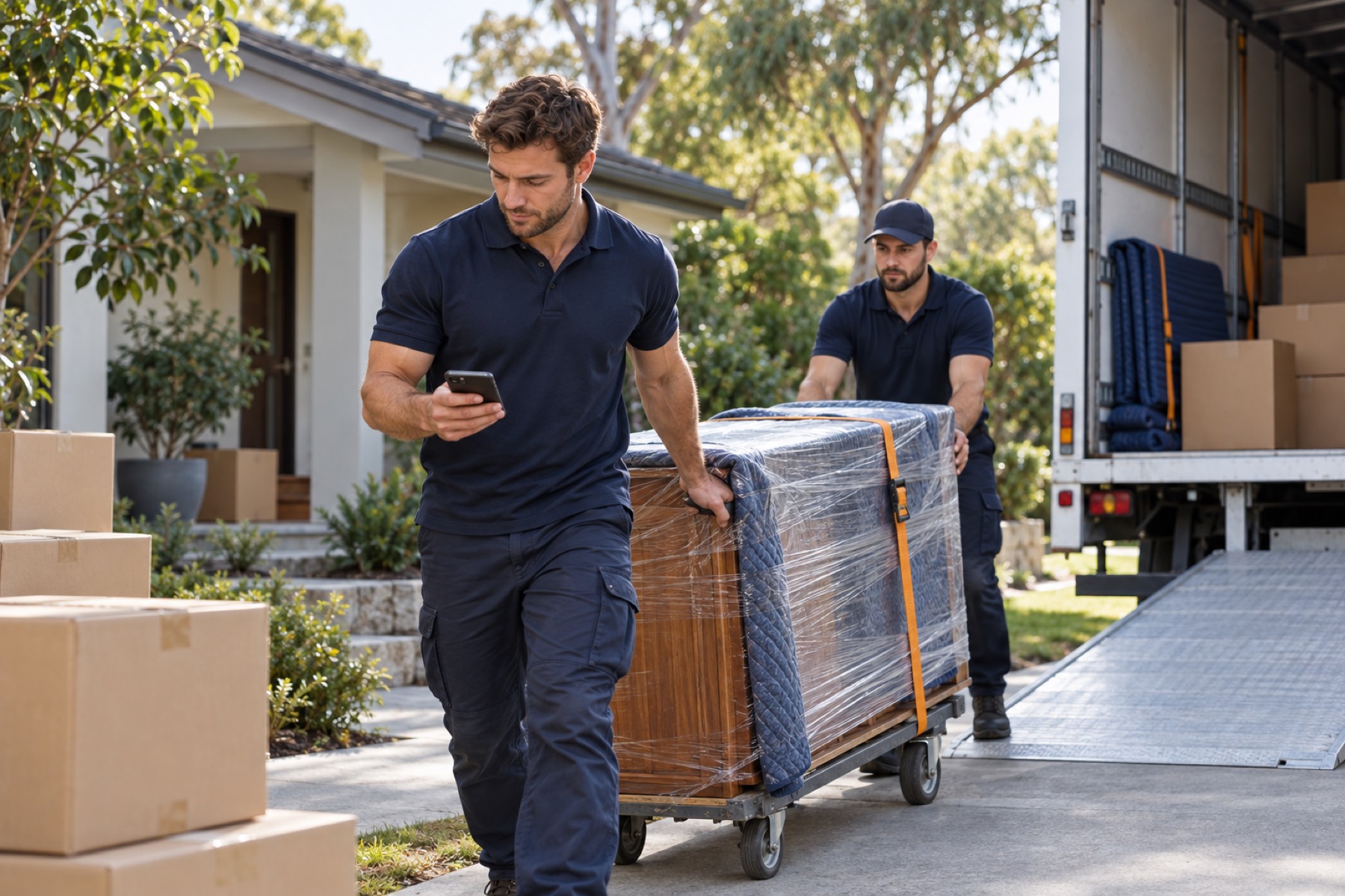 A moving crew preparing a customer's belongings