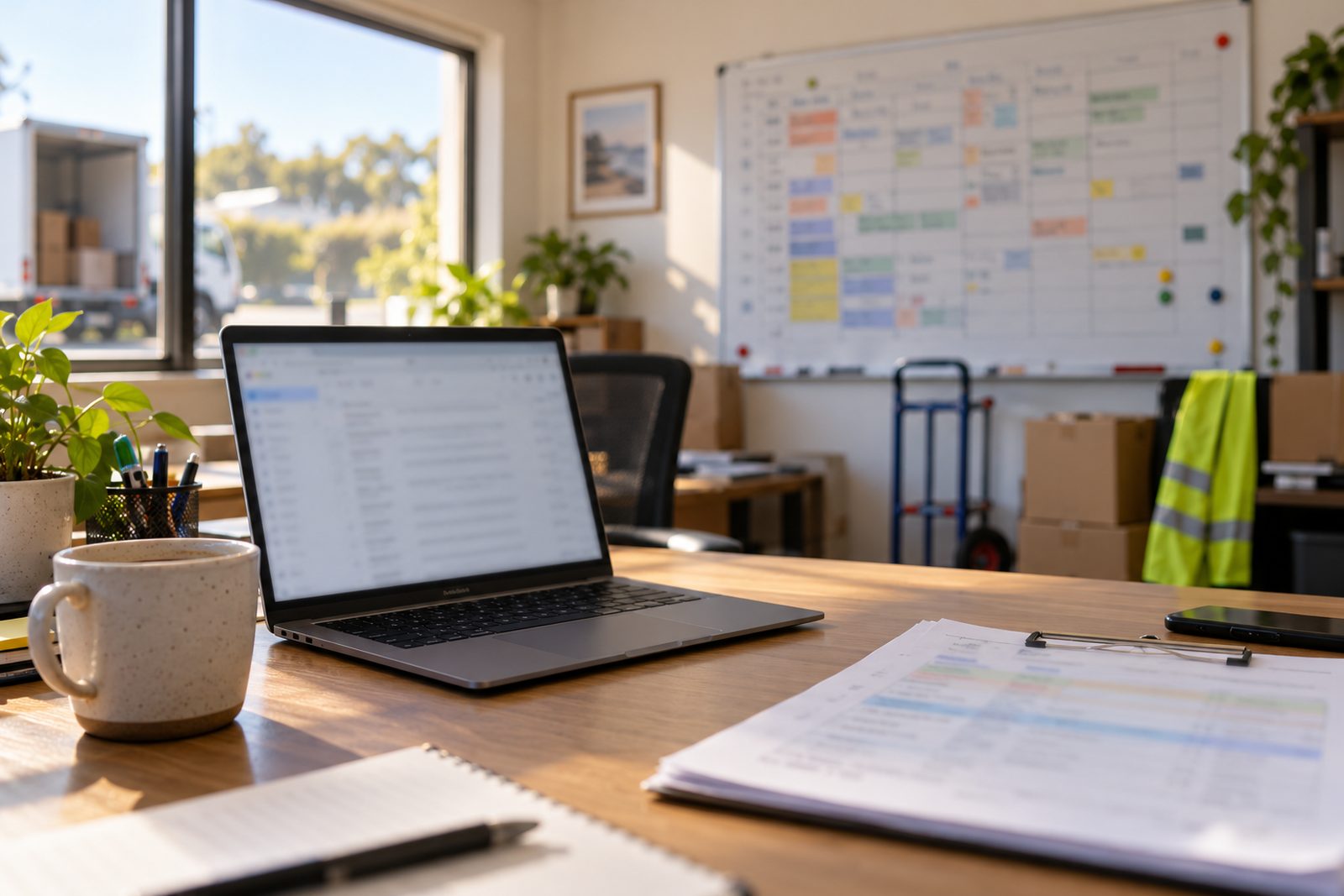 Business records, a laptop and job notes on an office desk