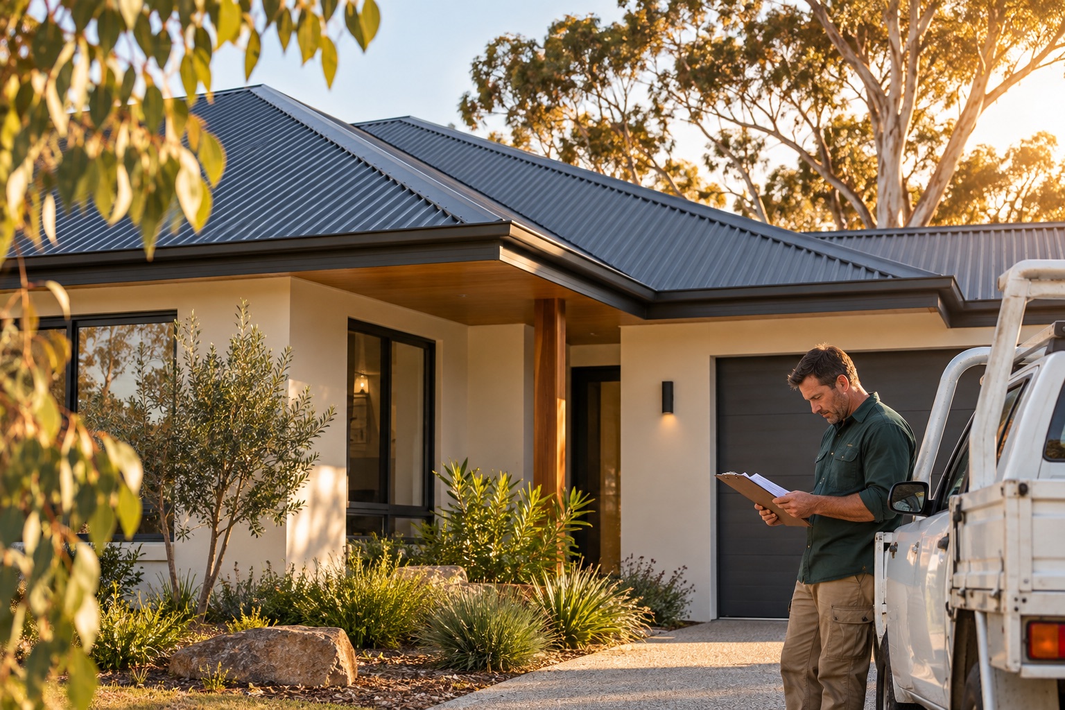 A roofing business owner reviewing an estimate beside a home with a metal roof