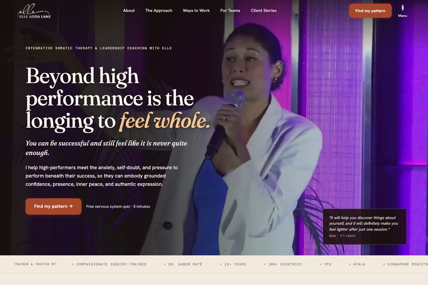 Elle’s Coaching website, part of her connected inquiry and booking system