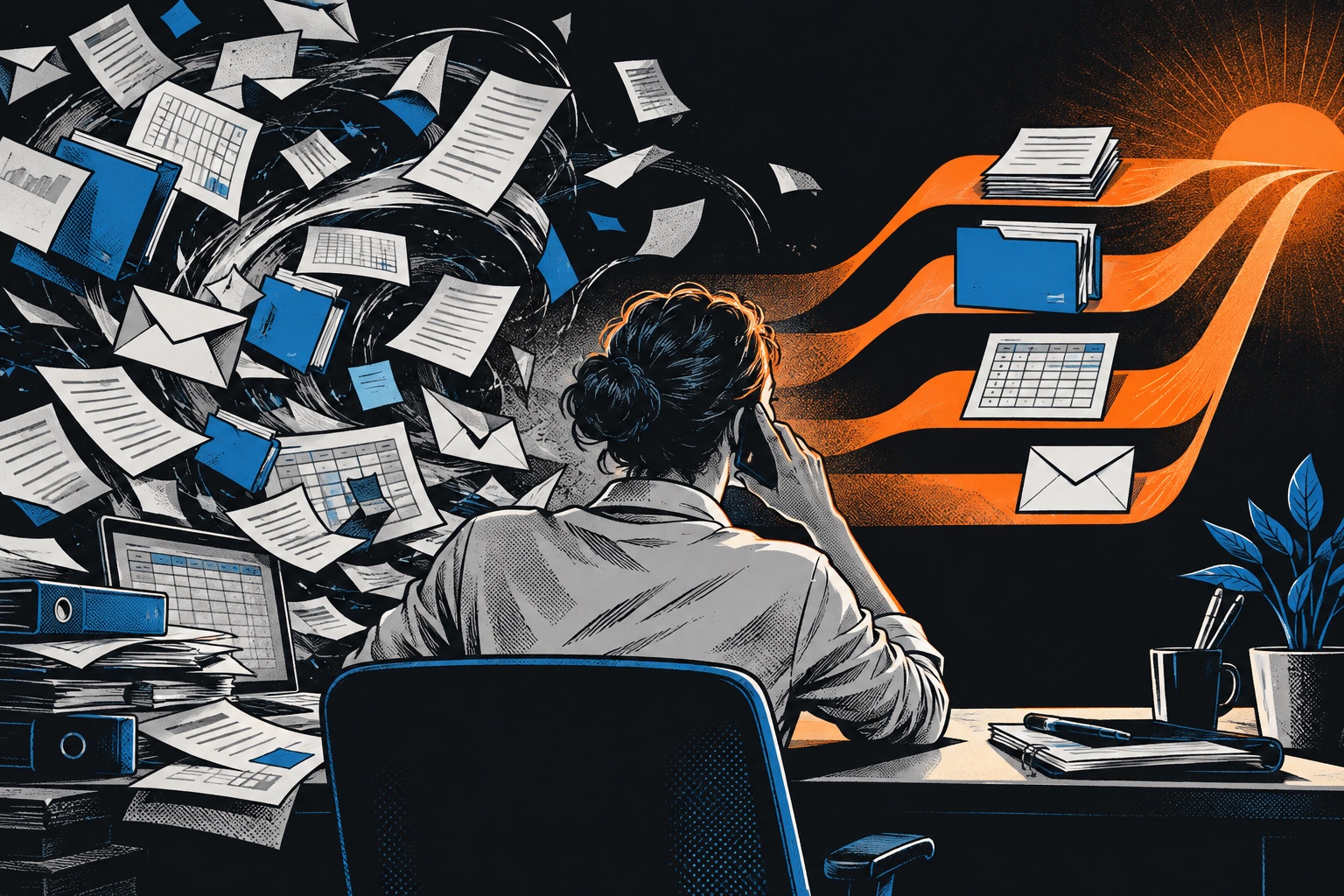 An illustrated business owner surrounded by scattered paperwork, with a clearer path through the work.