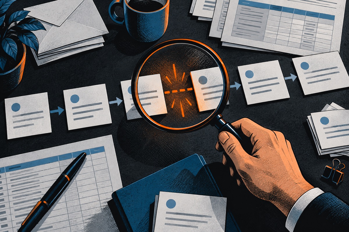 A magnifying glass reveals a missing handoff in a business process.